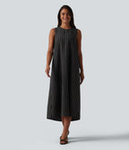 Round Neck Sleeveless Keyhole Back Stripe Midi Casual Dress with Pockets — Shadow Gleam Stripe — view 1