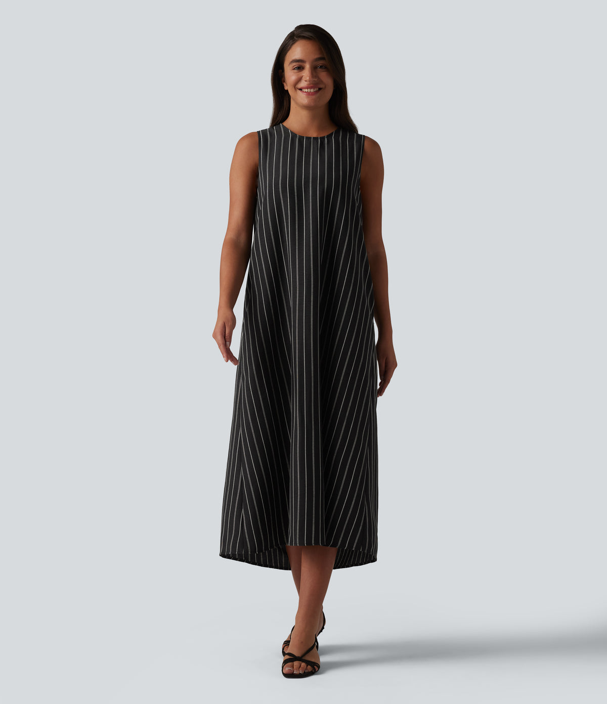 Round Neck Sleeveless Keyhole Back Stripe Midi Casual Dress with Pockets — Shadow Gleam Stripe — view 1
