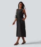 Round Neck Sleeveless Keyhole Back Stripe Midi Casual Dress with Pockets — Shadow Gleam Stripe — view 7