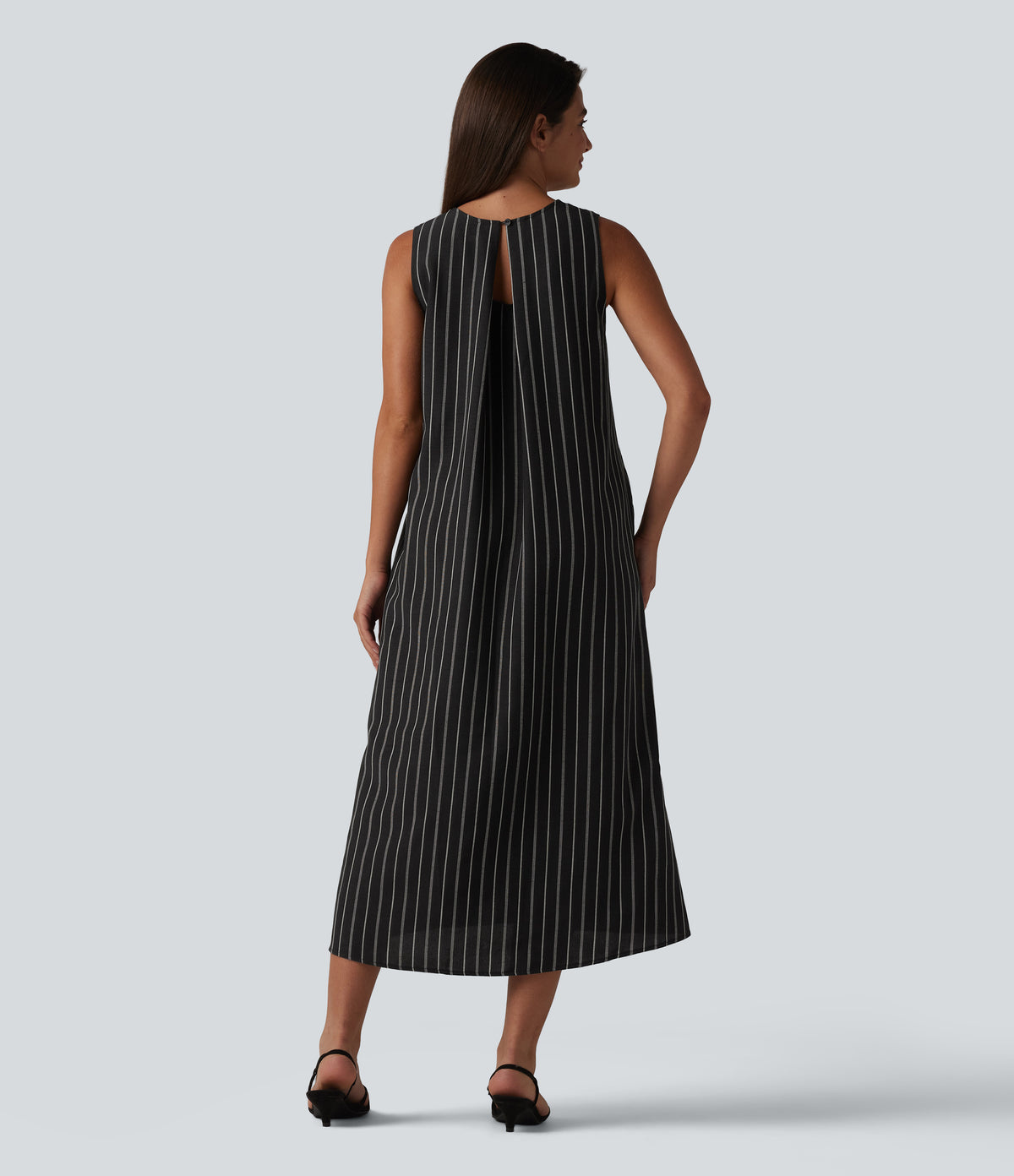 Round Neck Sleeveless Keyhole Back Stripe Midi Casual Dress with Pockets — Shadow Gleam Stripe — view 2