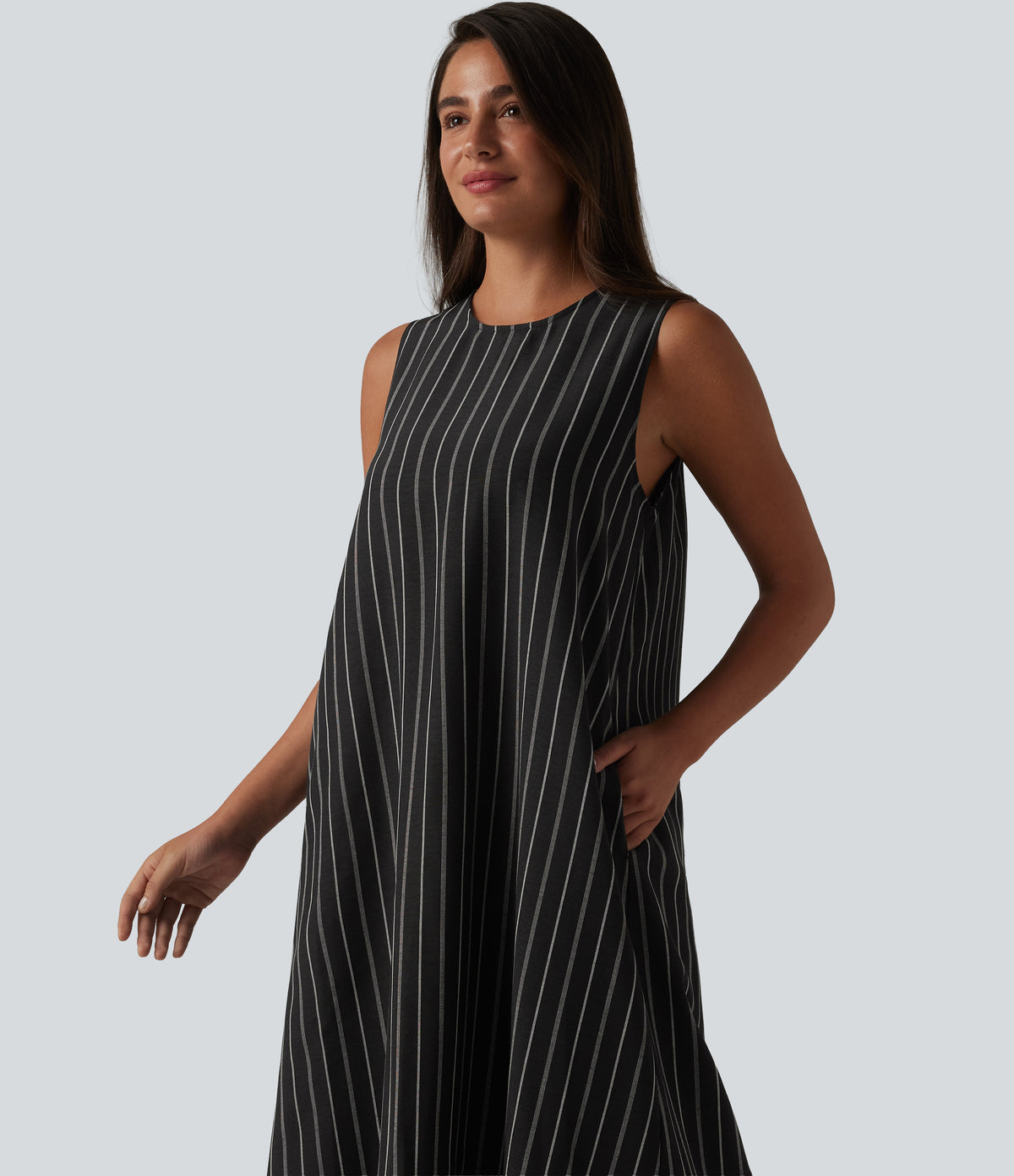 Round Neck Sleeveless Keyhole Back Stripe Midi Casual Dress with Pockets — Shadow Gleam Stripe — view 5