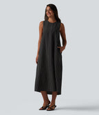 Round Neck Sleeveless Keyhole Back Stripe Midi Casual Dress with Pockets — Shadow Gleam Stripe — view 3