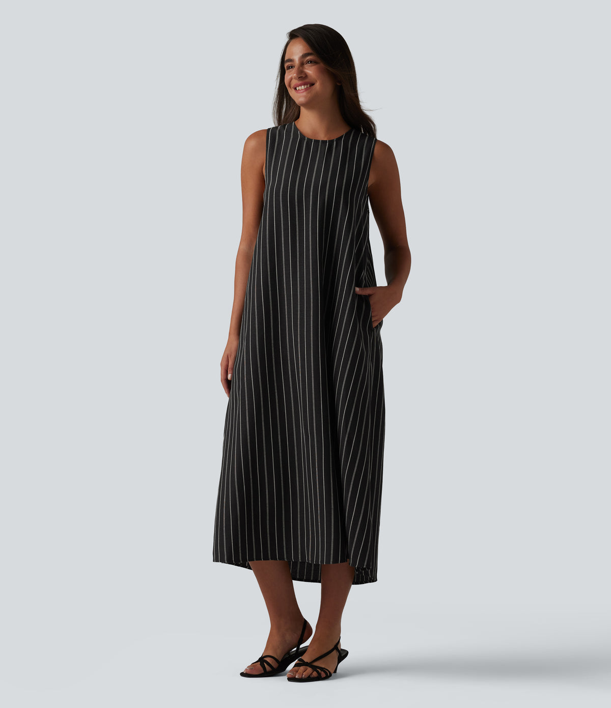 Round Neck Sleeveless Keyhole Back Stripe Midi Casual Dress with Pockets — Shadow Gleam Stripe — view 3