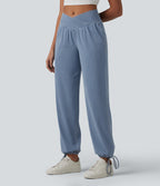 Mid Rise Crossover Drawstring Denim Casual Joggers with Pockets — Malibu Blue Denim — view 3