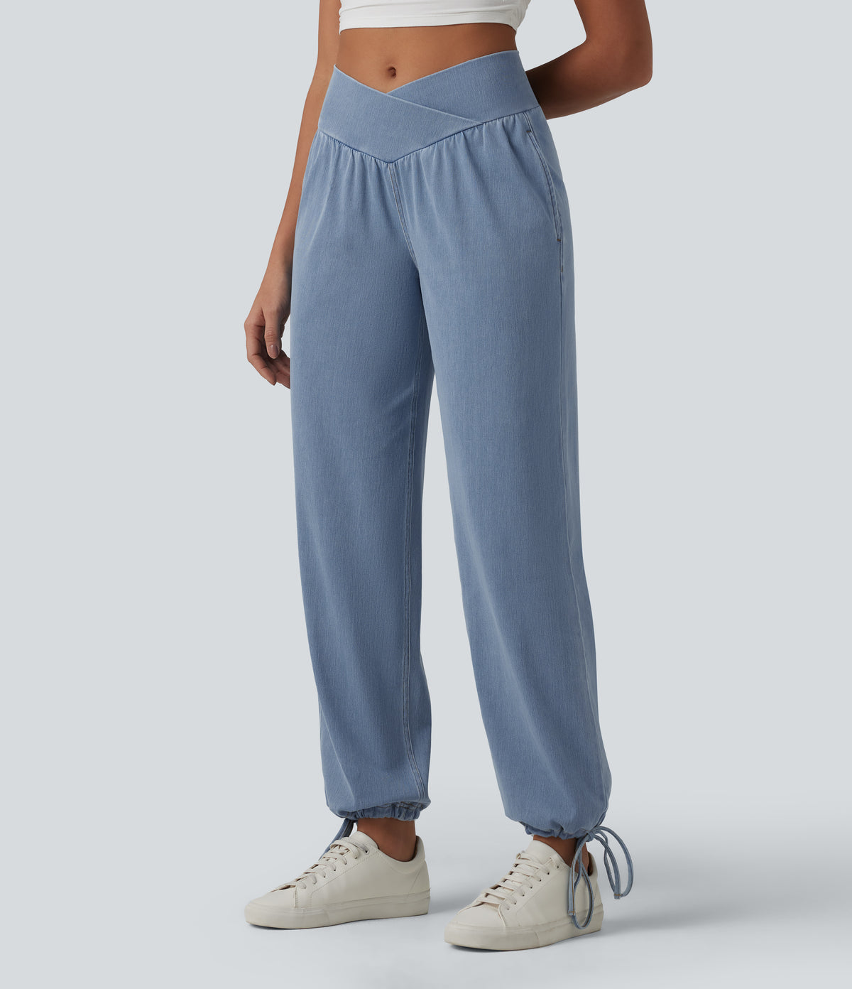 Mid Rise Crossover Drawstring Denim Casual Joggers with Pockets — Malibu Blue Denim — view 3