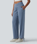 Mid Rise Crossover Drawstring Denim Casual Joggers with Pockets — Malibu Blue Denim — view 4