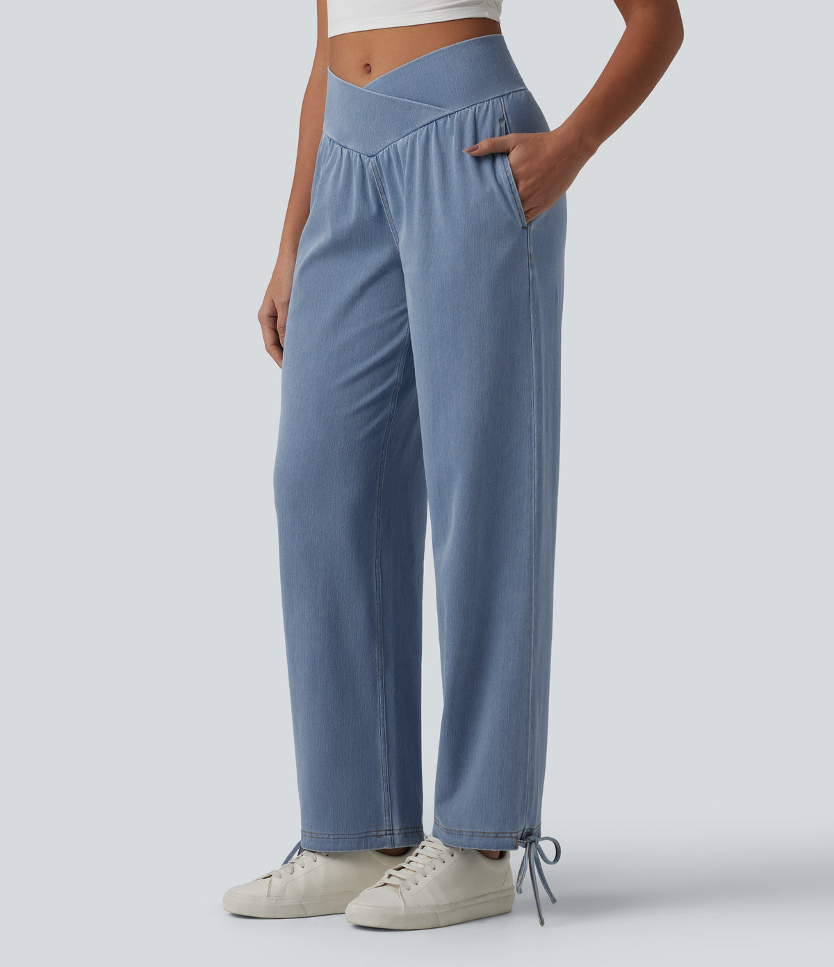 Mid Rise Crossover Drawstring Denim Casual Joggers with Pockets — Malibu Blue Denim — view 4