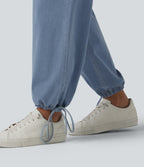 Mid Rise Crossover Drawstring Denim Casual Joggers with Pockets — Malibu Blue Denim — view 8