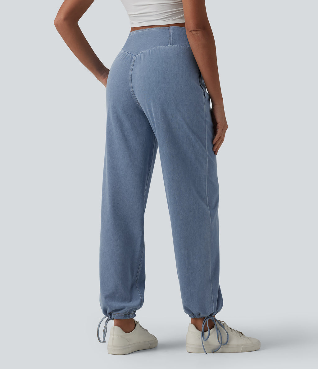 Mid Rise Crossover Drawstring Denim Casual Joggers with Pockets — Malibu Blue Denim — view 2