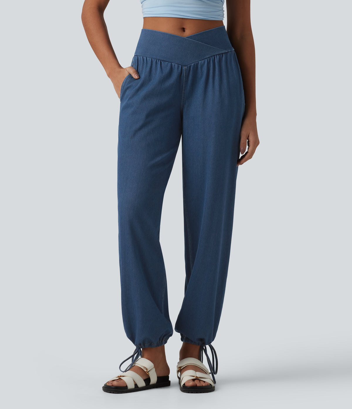 Mid Rise Crossover Drawstring Denim Casual Joggers with Pockets — Tide Blue Denim — view 9