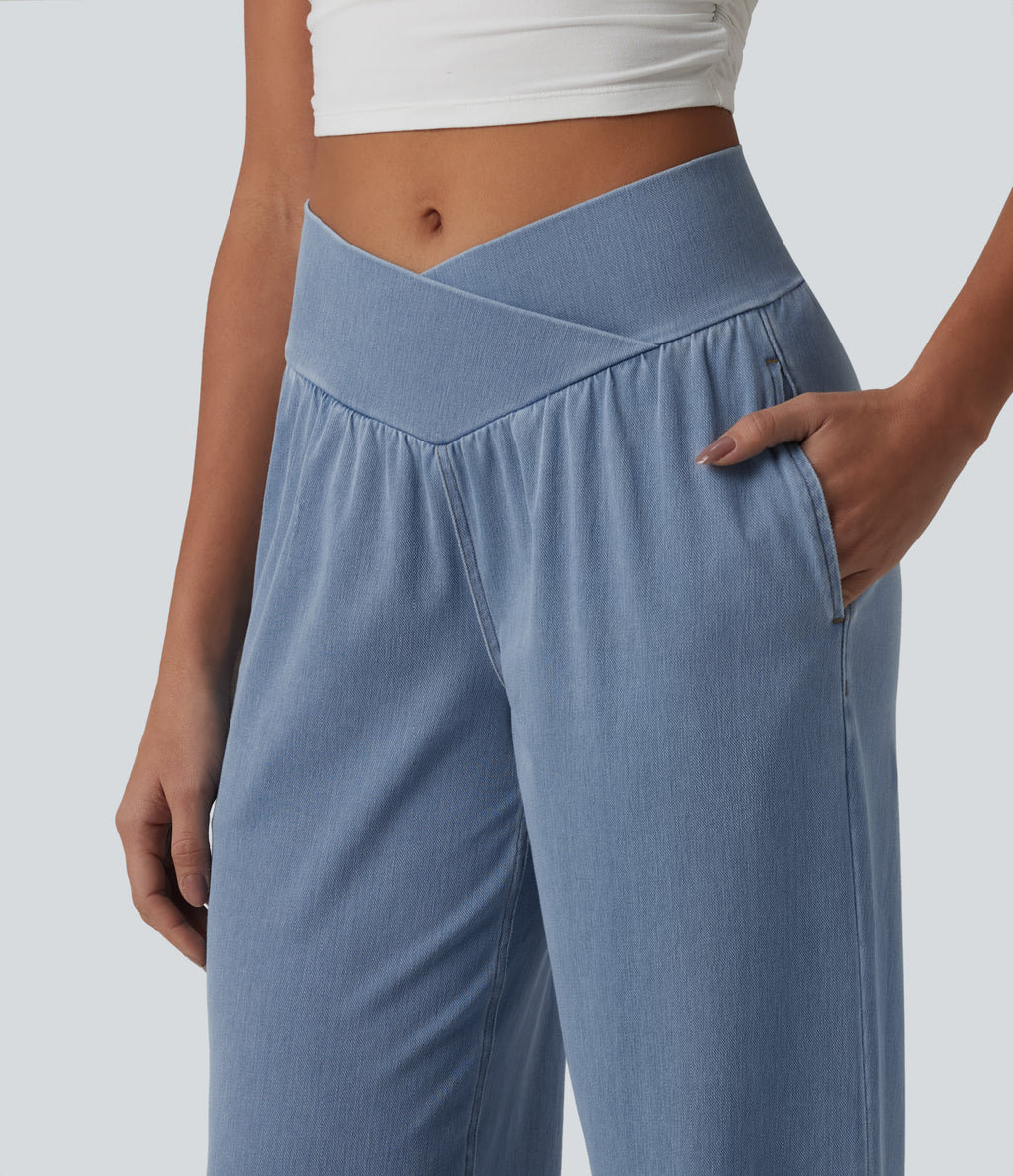 Mid Rise Crossover Drawstring Denim Casual Joggers with Pockets — Malibu Blue Denim — view 6
