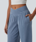 Mid Rise Crossover Drawstring Denim Casual Joggers with Pockets — Malibu Blue Denim — view 6