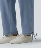 Mid Rise Crossover Drawstring Denim Casual Joggers with Pockets — Malibu Blue Denim — view 7