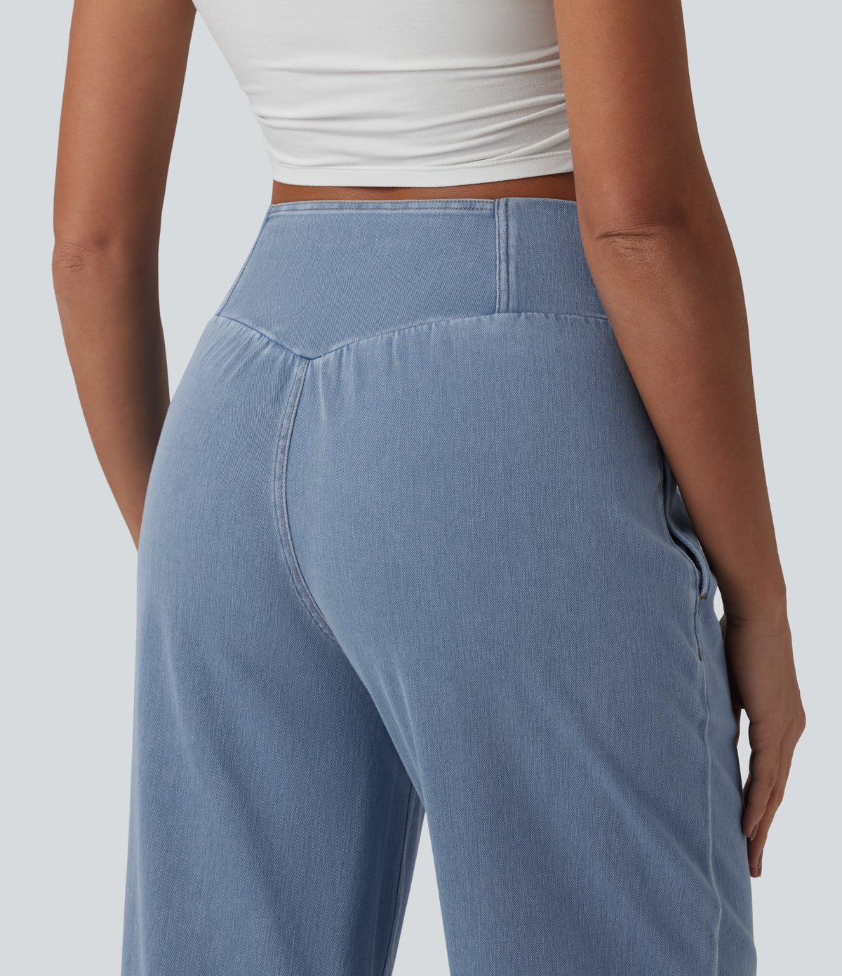 Mid Rise Crossover Drawstring Denim Casual Joggers with Pockets — Malibu Blue Denim — view 5