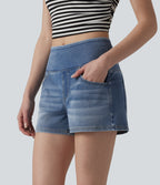 Mid Rise Draped Lyocell Washed Denim Casual Shorts 3.5'' with Pockets — Malibu Blue Denim — view 3