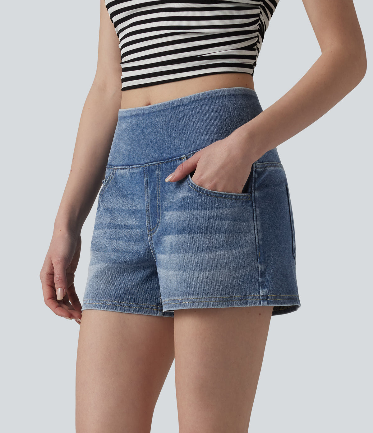 Mid Rise Draped Lyocell Washed Denim Casual Shorts 3.5'' with Pockets — Malibu Blue Denim — view 3