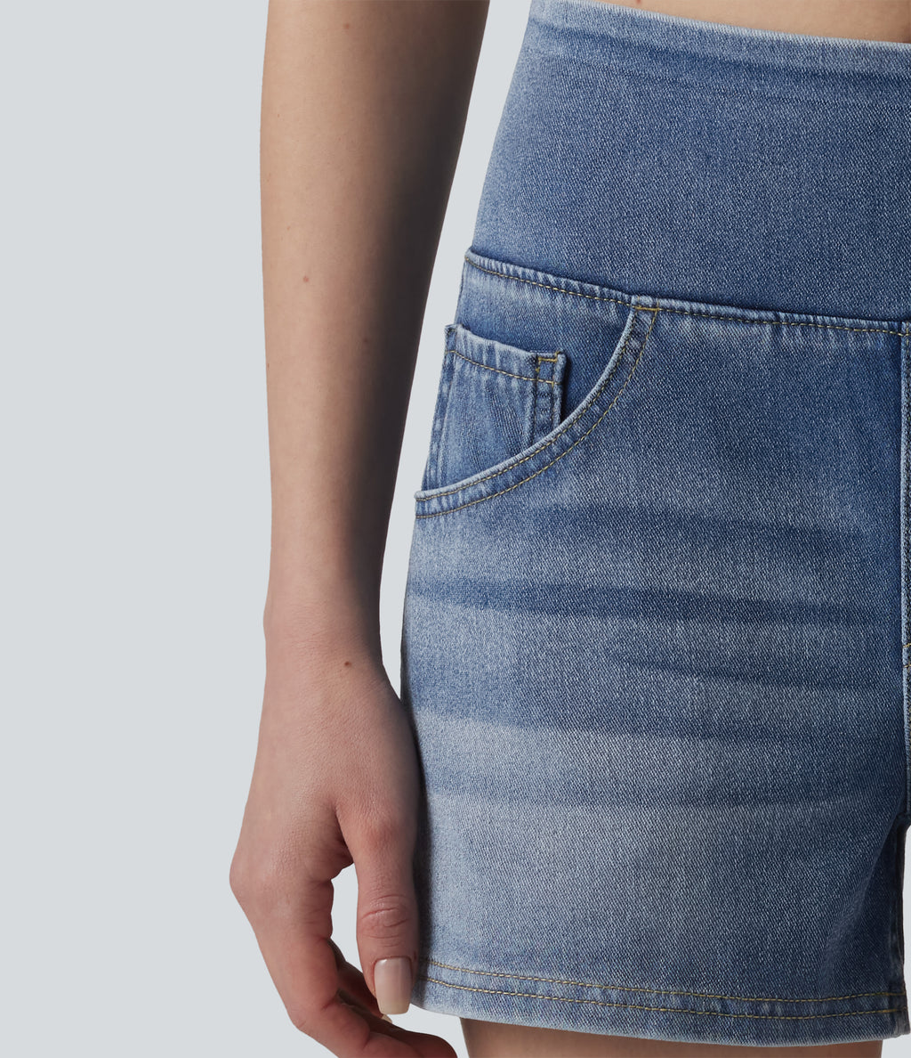 Mid Rise Draped Lyocell Washed Denim Casual Shorts 3.5'' with Pockets — Malibu Blue Denim — view 6
