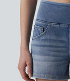 Mid Rise Draped Lyocell Washed Denim Casual Shorts 3.5'' with Pockets — Malibu Blue Denim — view 6