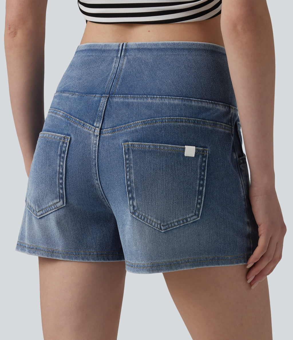 Mid Rise Draped Lyocell Washed Denim Casual Shorts 3.5'' with Pockets — Malibu Blue Denim — view 4