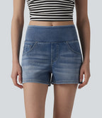 Mid Rise Draped Lyocell Washed Denim Casual Shorts 3.5'' with Pockets — Malibu Blue Denim — view 1