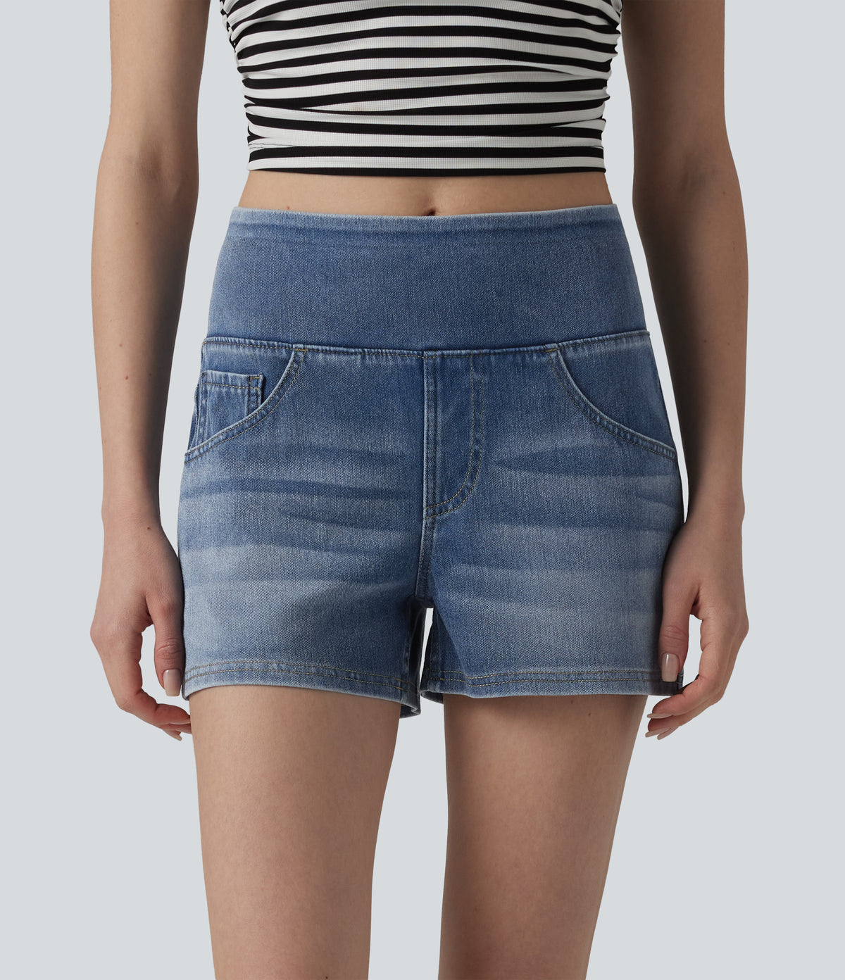 Mid Rise Draped Lyocell Washed Denim Casual Shorts 3.5'' with Pockets — Malibu Blue Denim — view 1