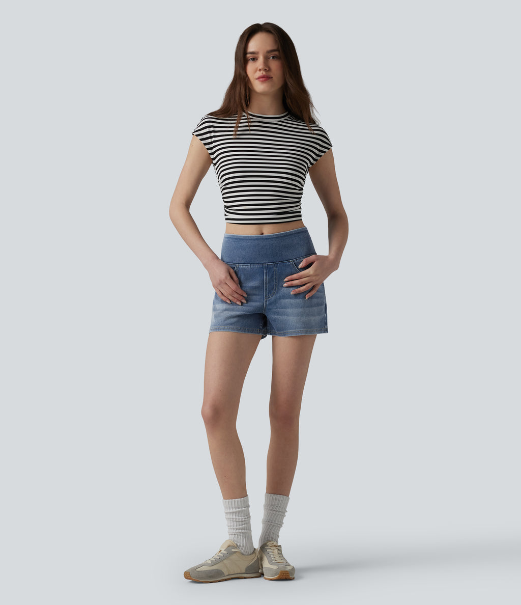Mid Rise Draped Lyocell Washed Denim Casual Shorts 3.5'' with Pockets — Malibu Blue Denim — view 7