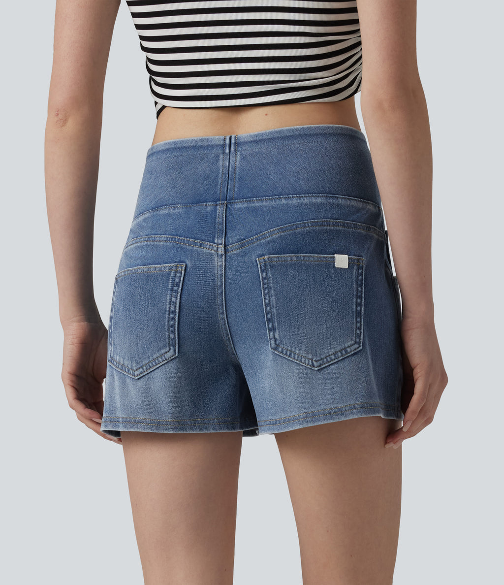Mid Rise Draped Lyocell Washed Denim Casual Shorts 3.5'' with Pockets — Malibu Blue Denim — view 2