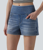 Mid Rise Draped Lyocell Washed Denim Casual Shorts 3.5'' with Pockets — Malibu Blue Denim — view 5