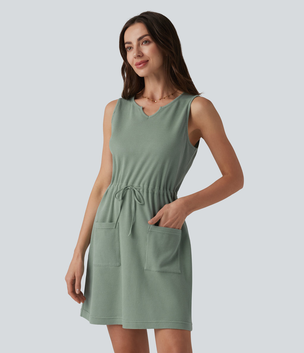 Notched Sleeveless Drawstring Waffle Mini Dress with Pockets — Chinois Green — view 3
