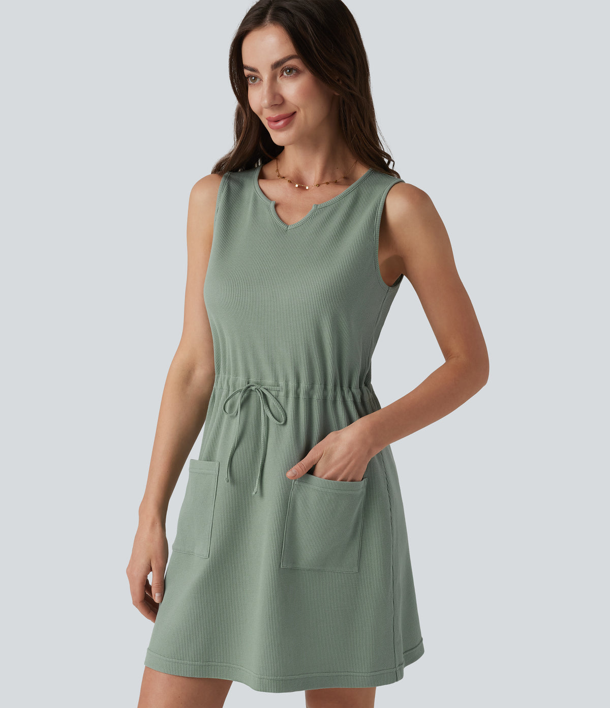 Notched Sleeveless Drawstring Waffle Mini Dress with Pockets — Chinois Green — view 4
