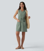 Notched Sleeveless Drawstring Waffle Mini Dress with Pockets — Chinois Green — view 5