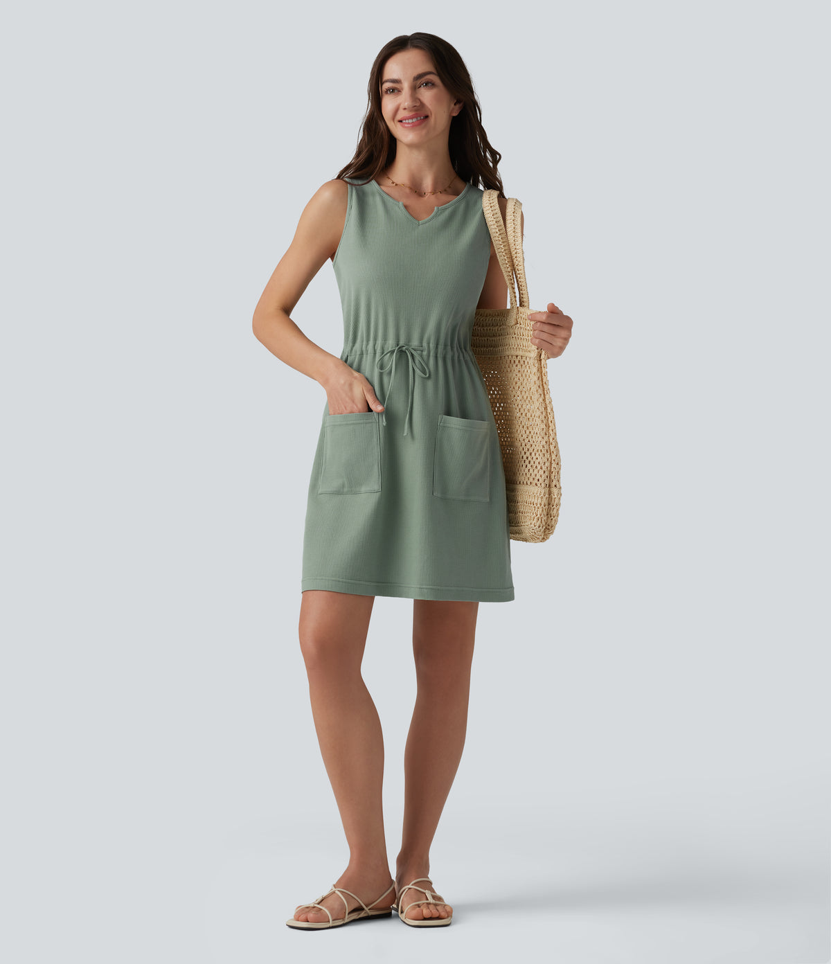 Notched Sleeveless Drawstring Waffle Mini Dress with Pockets — Chinois Green — view 5
