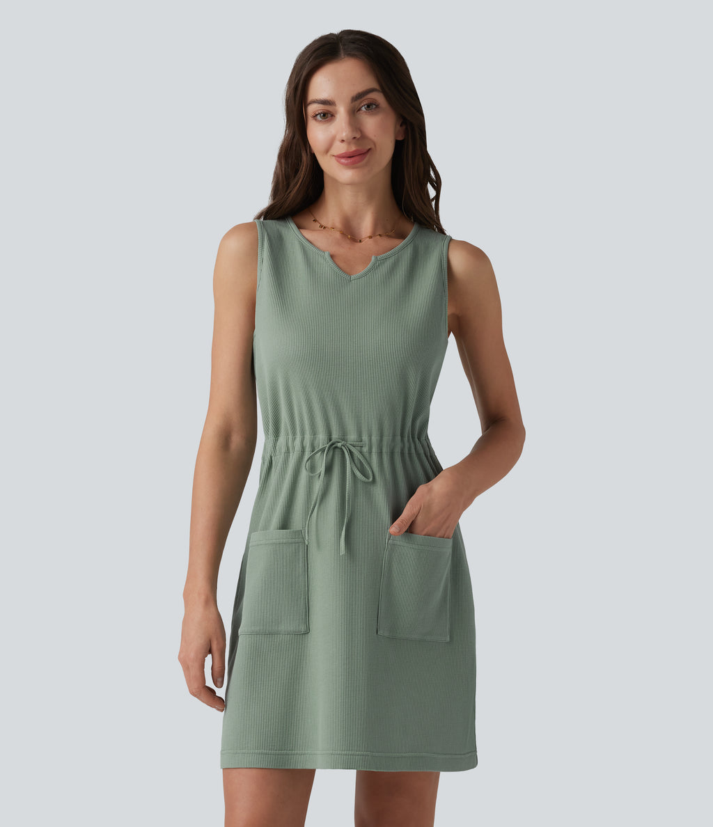 Notched Sleeveless Drawstring Waffle Mini Dress with Pockets — Chinois Green — view 1