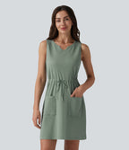 Notched Sleeveless Drawstring Waffle Mini Dress with Pockets — Chinois Green — view 1