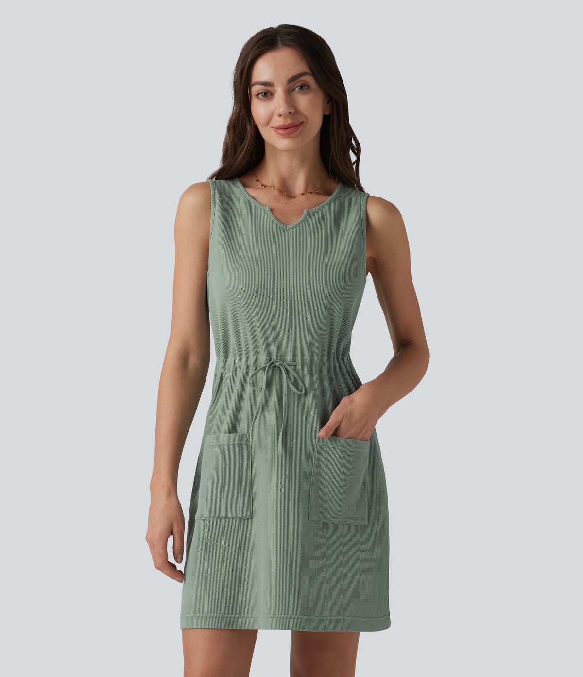 Notched Sleeveless Drawstring Waffle Mini Dress with Pockets — Chinois Green — view 1