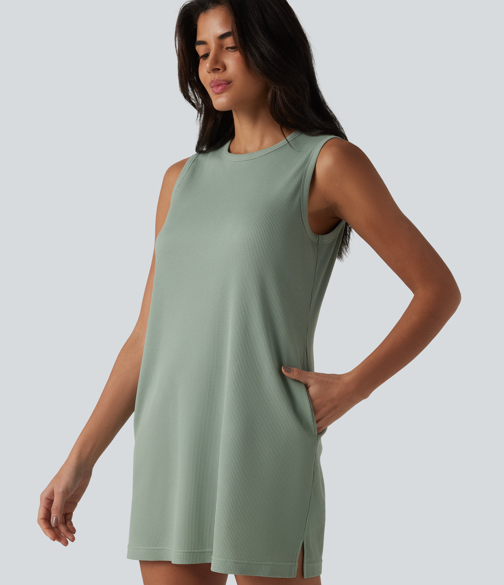Round Neck Sleeveless Waffle Mini Cotton Dress with Pockets — Chinois Green — view 4
