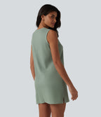 Round Neck Sleeveless Waffle Mini Cotton Dress with Pockets — Chinois Green — view 2