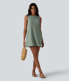 Round Neck Sleeveless Waffle Mini Cotton Dress with Pockets — Chinois Green — view 5