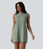 Round Neck Sleeveless Waffle Mini Cotton Dress with Pockets — Chinois Green — view 1