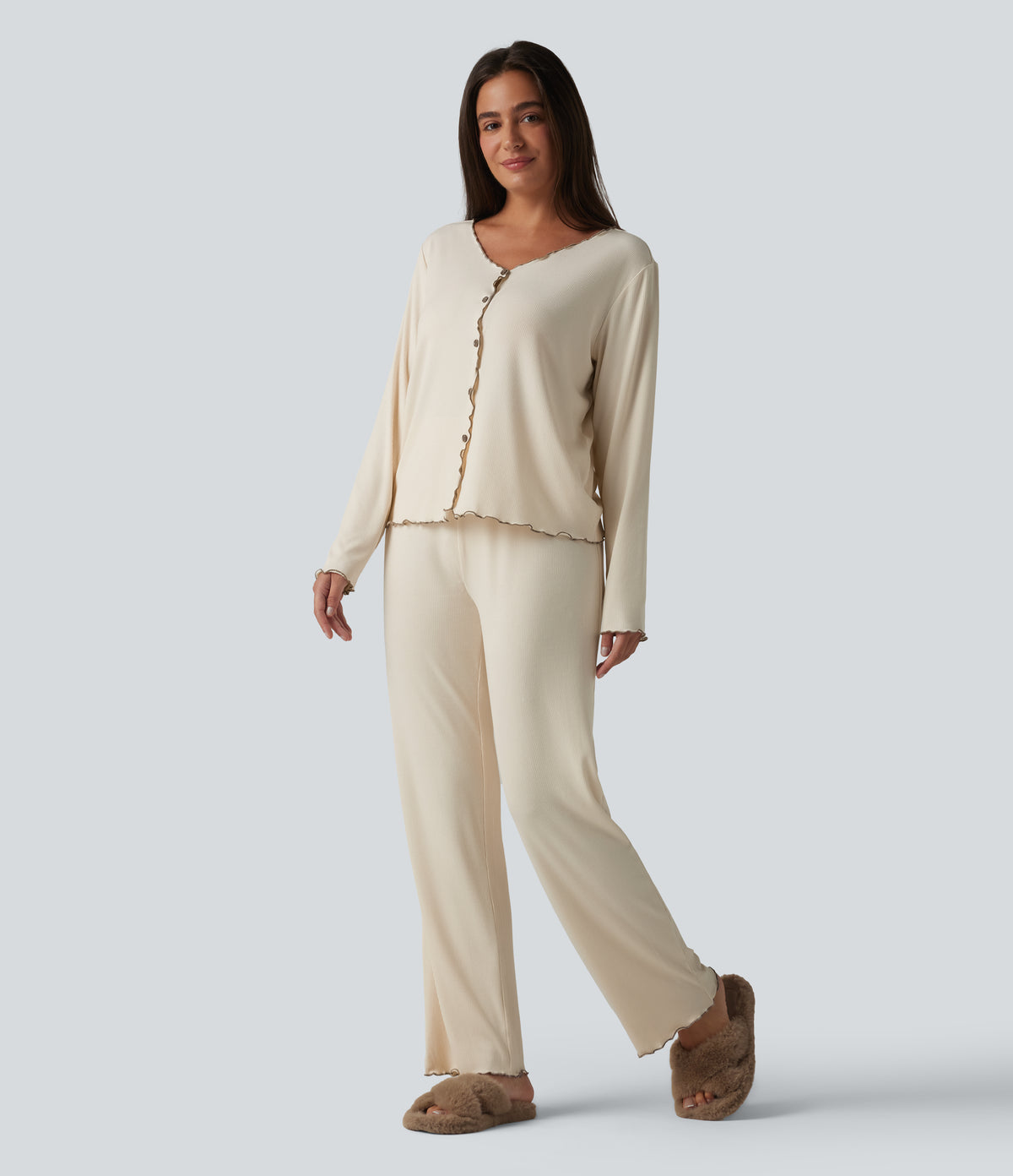 V Neck Long Sleeve Frill Hem Lounge Top — Turtledove — view 8