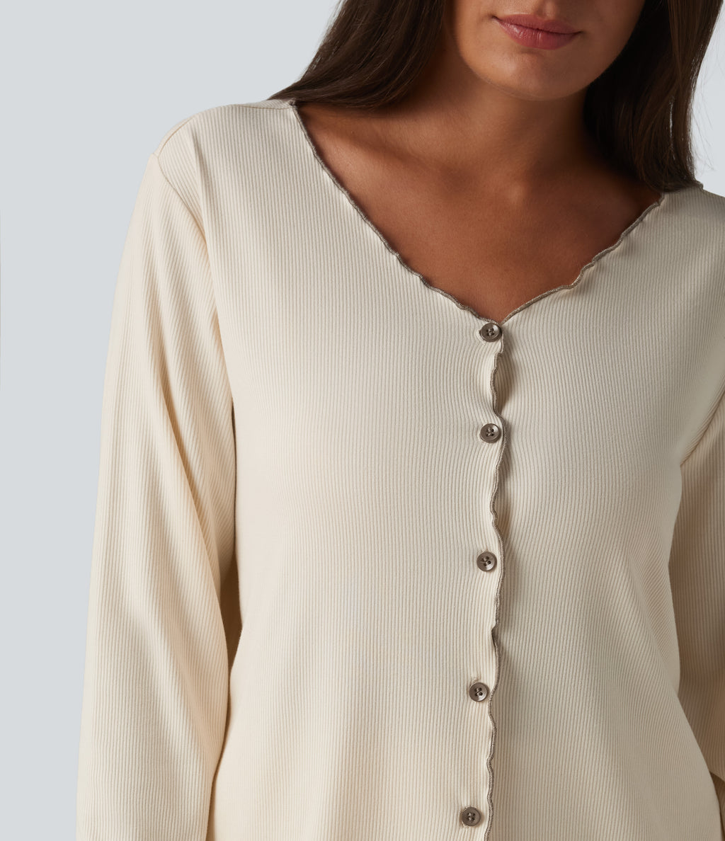 V Neck Long Sleeve Frill Hem Lounge Top — Turtledove — view 5