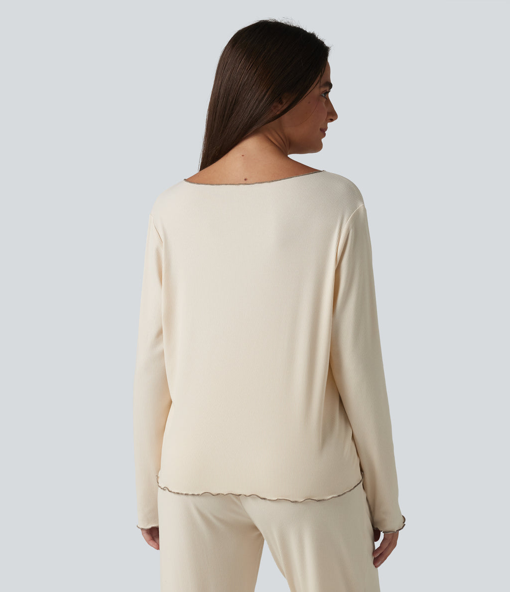 V Neck Long Sleeve Frill Hem Lounge Top — Turtledove — view 2