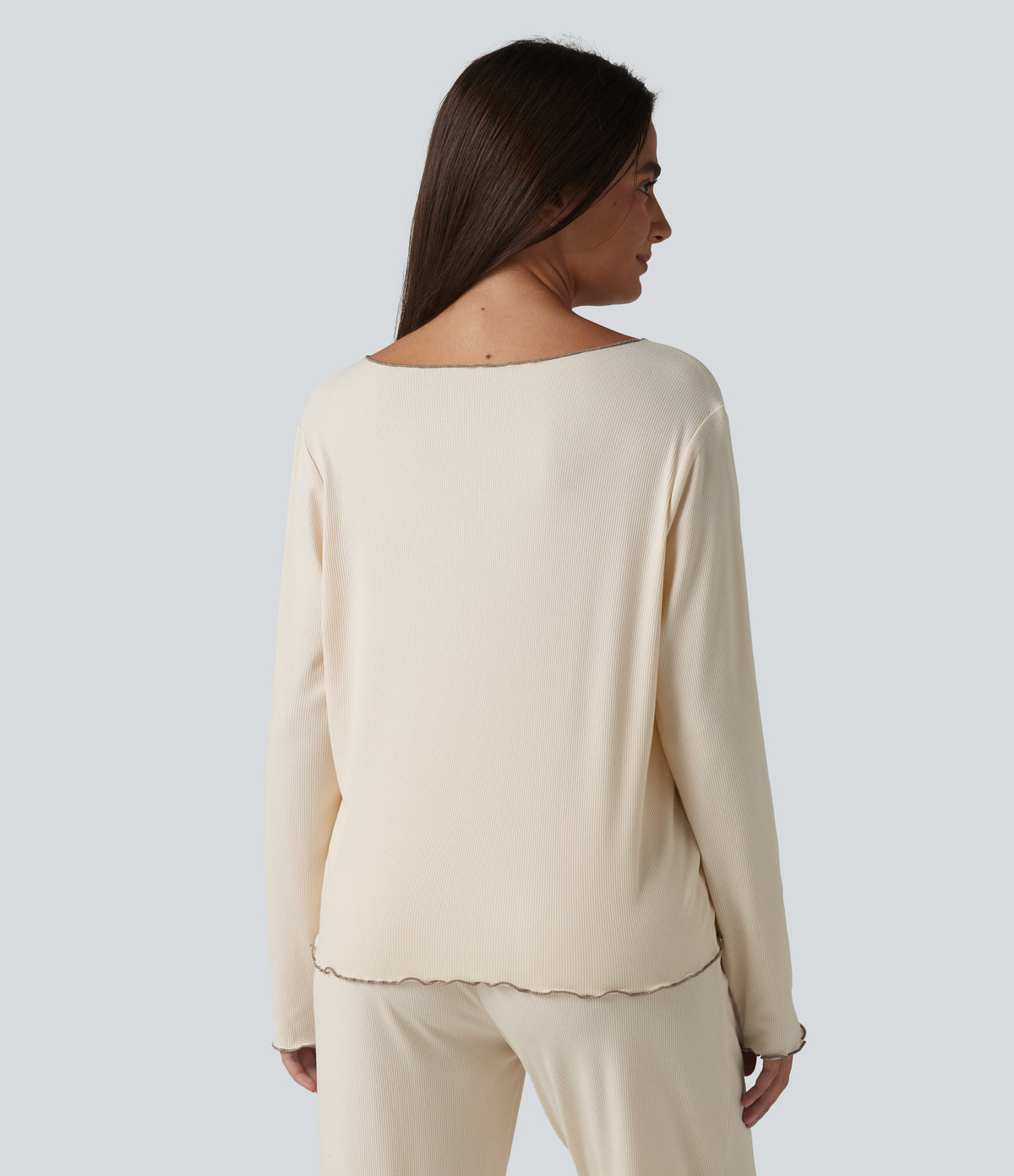 V Neck Long Sleeve Frill Hem Lounge Top — Turtledove — view 2