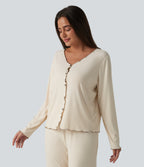 V Neck Long Sleeve Frill Hem Lounge Top — Turtledove — view 3