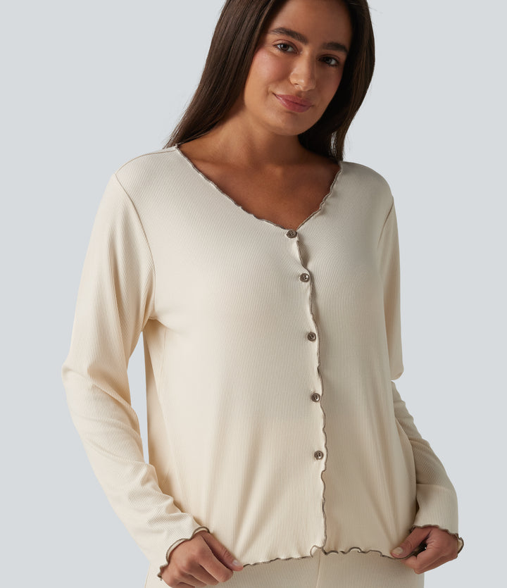 V Neck Long Sleeve Frill Hem Lounge Top — Turtledove — view 1