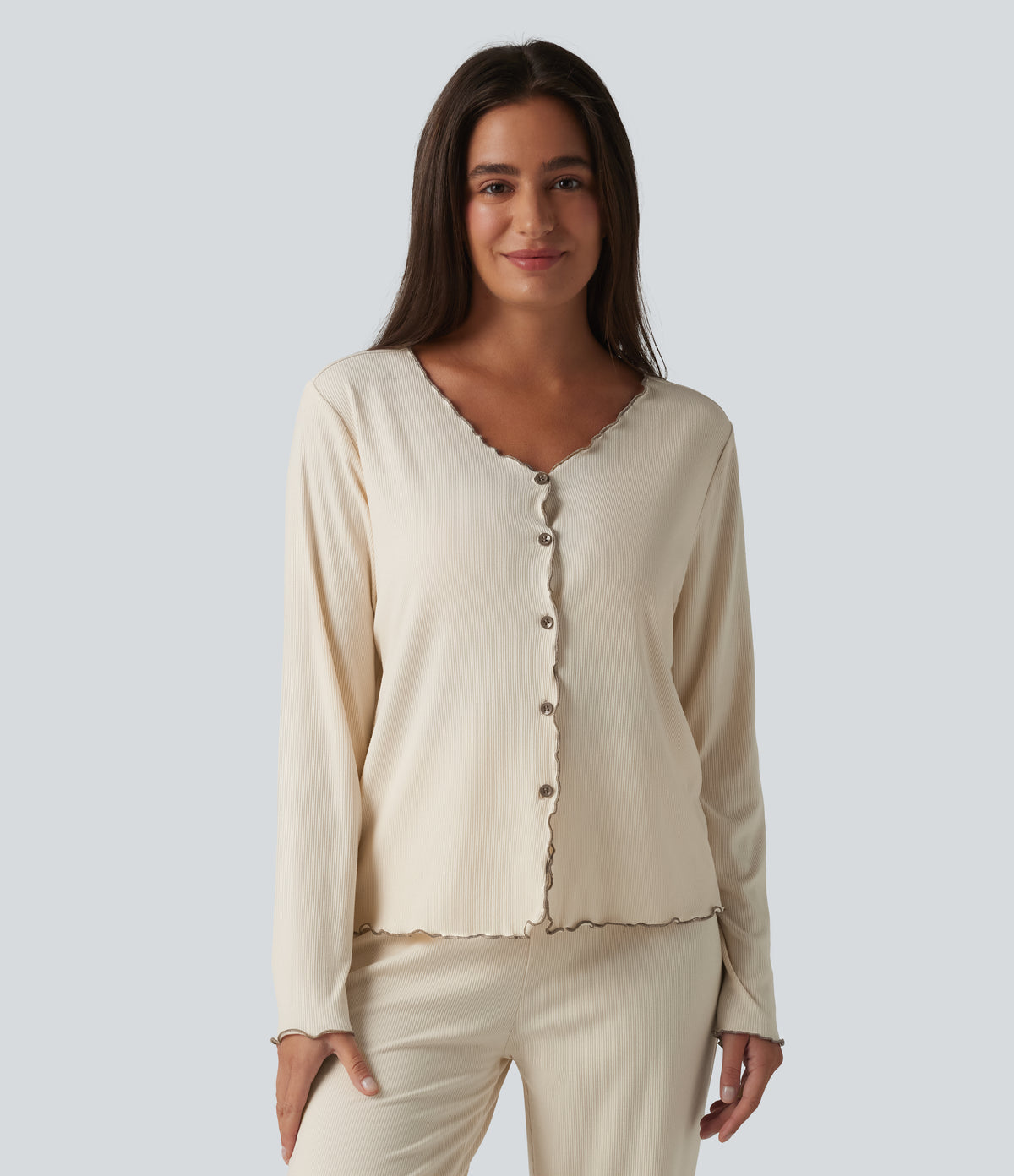V Neck Long Sleeve Frill Hem Lounge Top — Turtledove — view 4