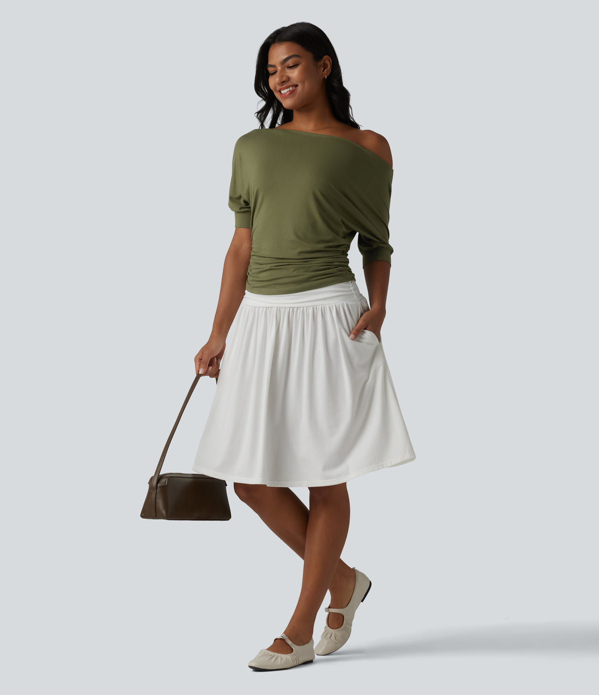 Off-shoulder Short Sleeve Ruched Casual Top — Olive Branch — view 5