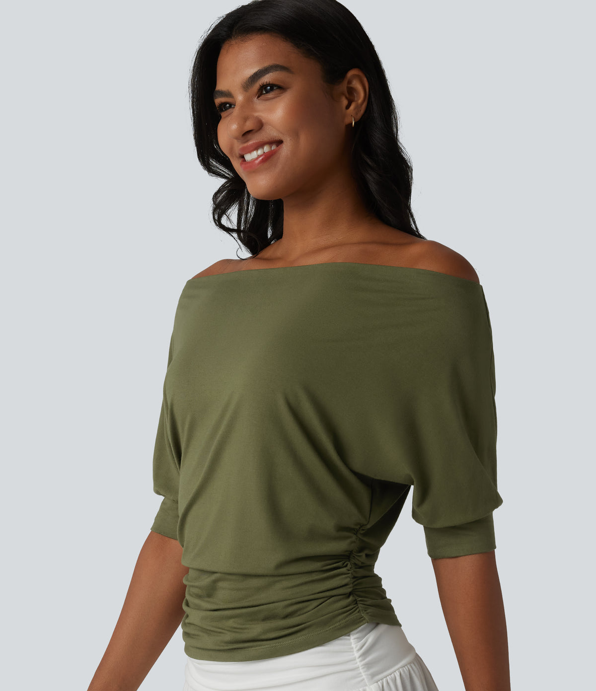 Off-shoulder Short Sleeve Ruched Casual Top — Olive Branch — view 1