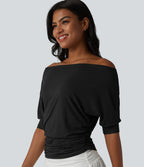 Off-shoulder Short Sleeve Ruched Casual Top — Black — view 6