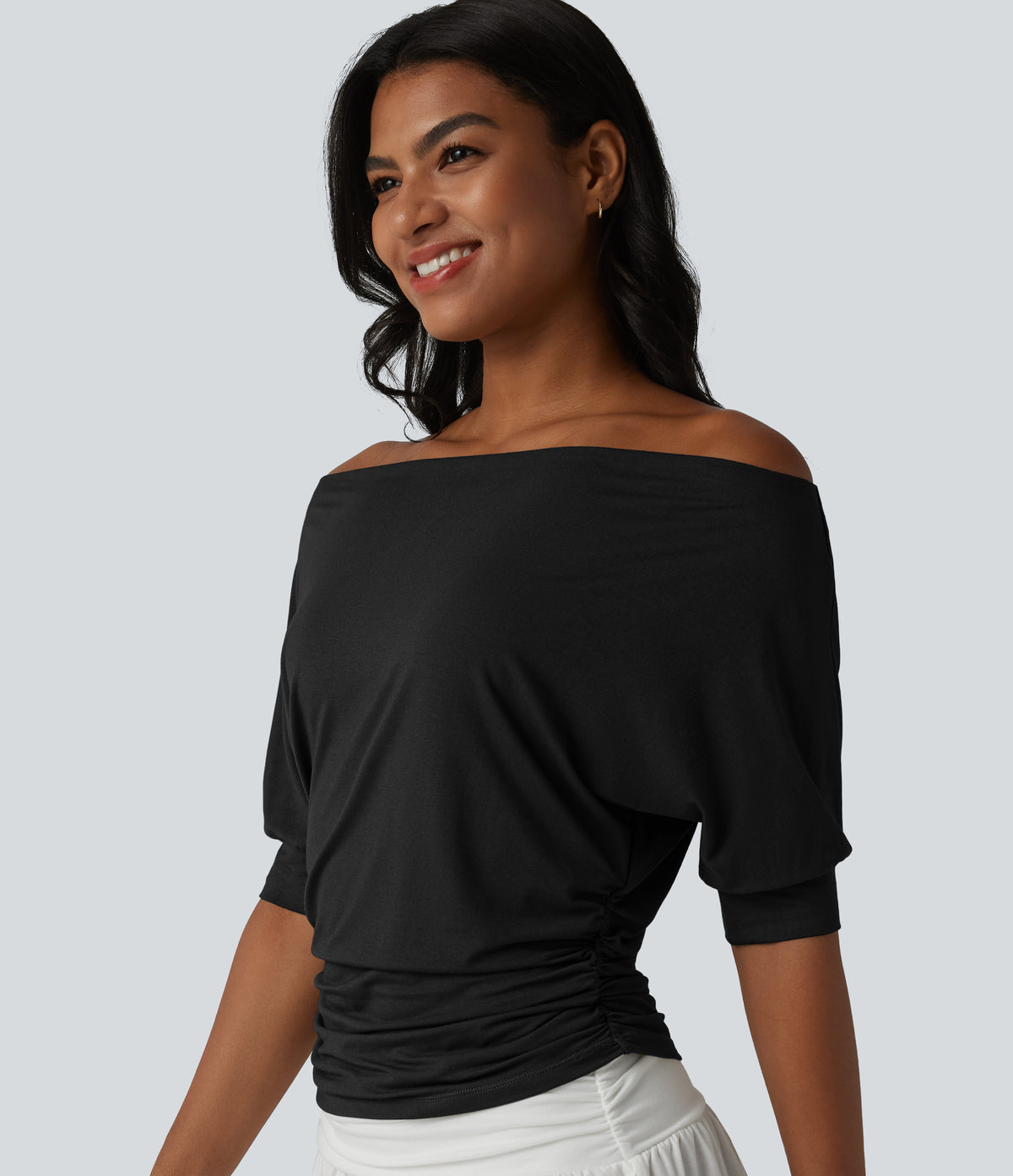 Off-shoulder Short Sleeve Ruched Casual Top — Black — view 6